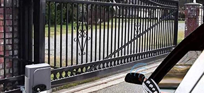 Opening automatic metal security gate with a security key opener in a commercial site.